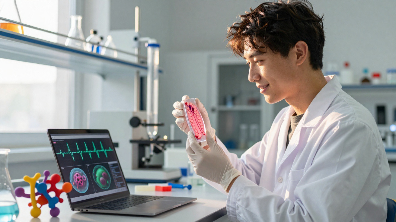 Cientista de bata branca a observar modelo celular enquanto analisa dados num computador portátil num laboratório.