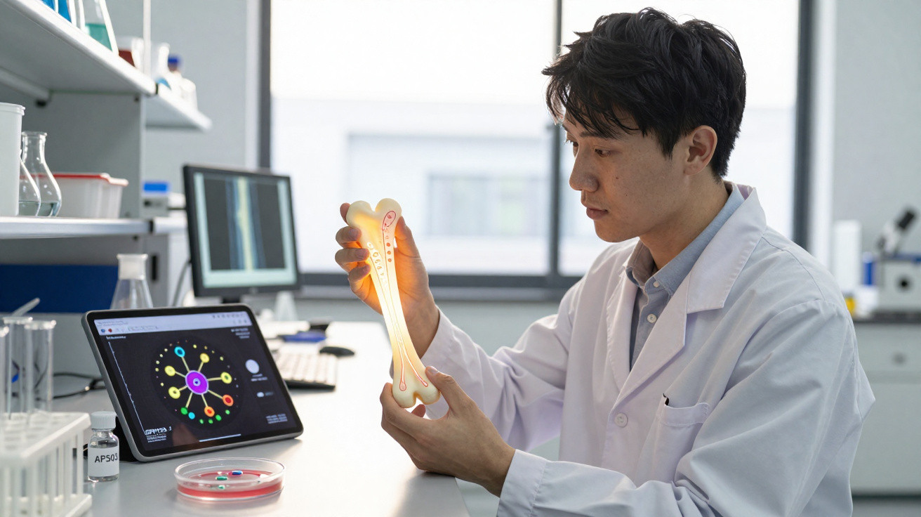 Cientista em laboratório a analisar modelo de osso com tablet e equipamento científico ao fundo.