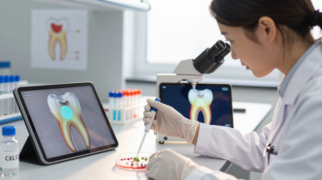 Cientista a analisar amostras em placa de petri, com imagens digitais de um dente em fundo de laboratório.