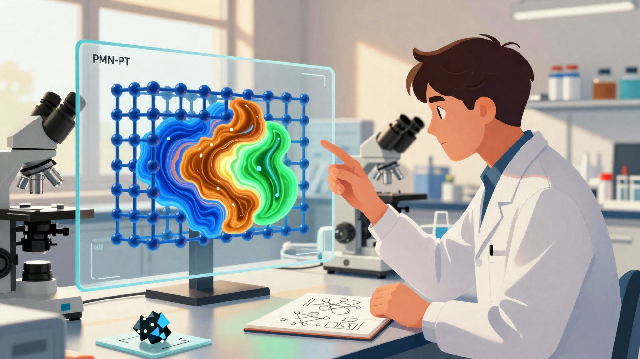 Cientista a analisar modelo molecular colorido em ecrã transparente num laboratório moderno.