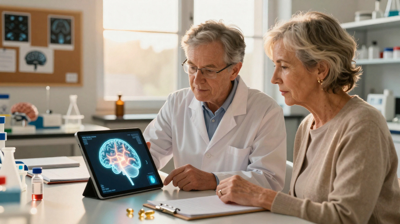 Médico mostra imagem digital do cérebro a mulher idosa numa consulta num consultório médico moderno.