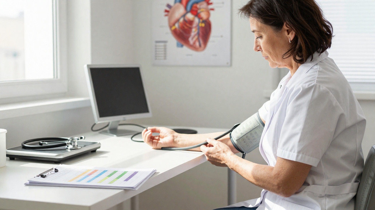 Enfermeira a medir a pressão arterial num consultório médico com materiais de saúde sobre a secretária.