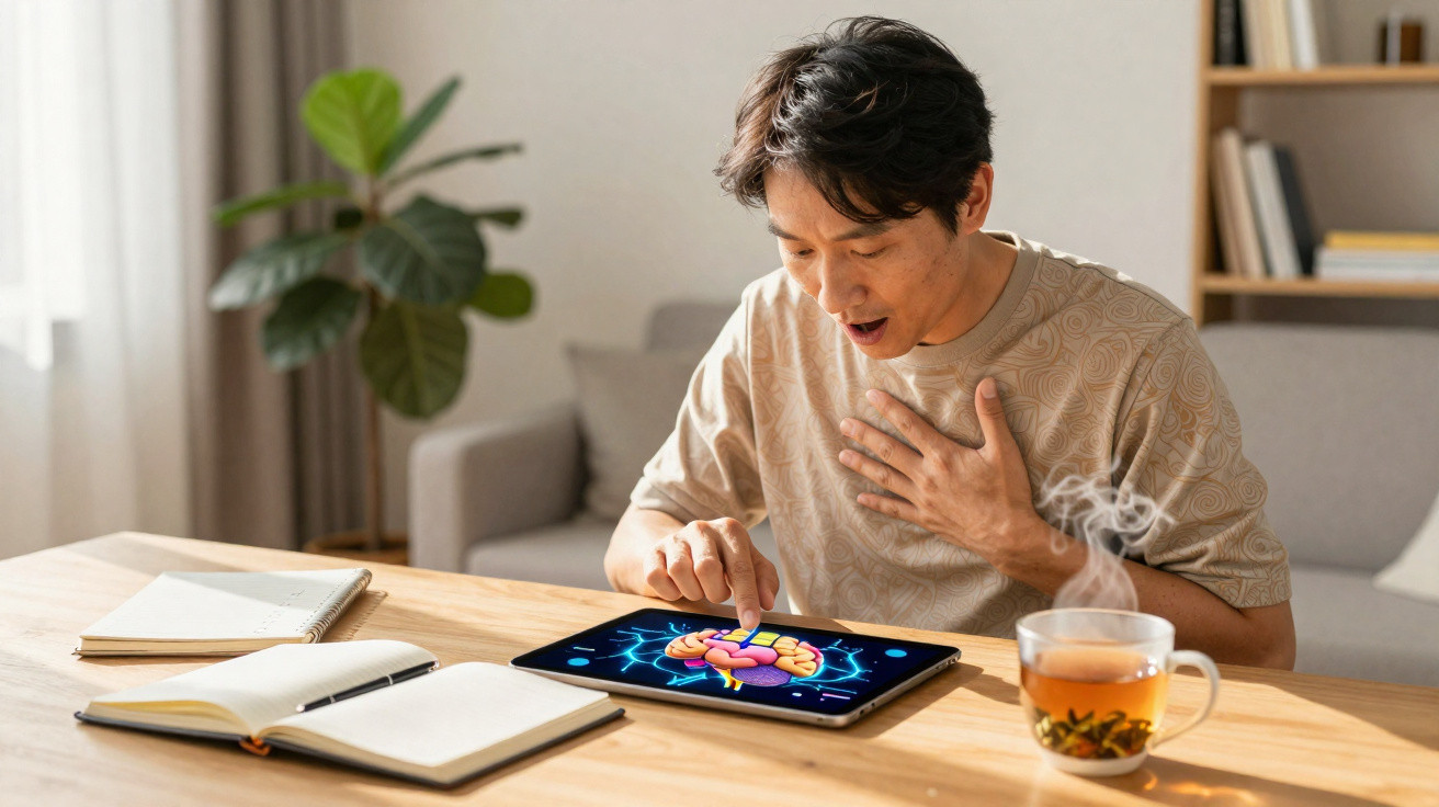 Homem surpreendido a usar tablet com imagem de cérebro, sentado numa mesa com livros e chá.