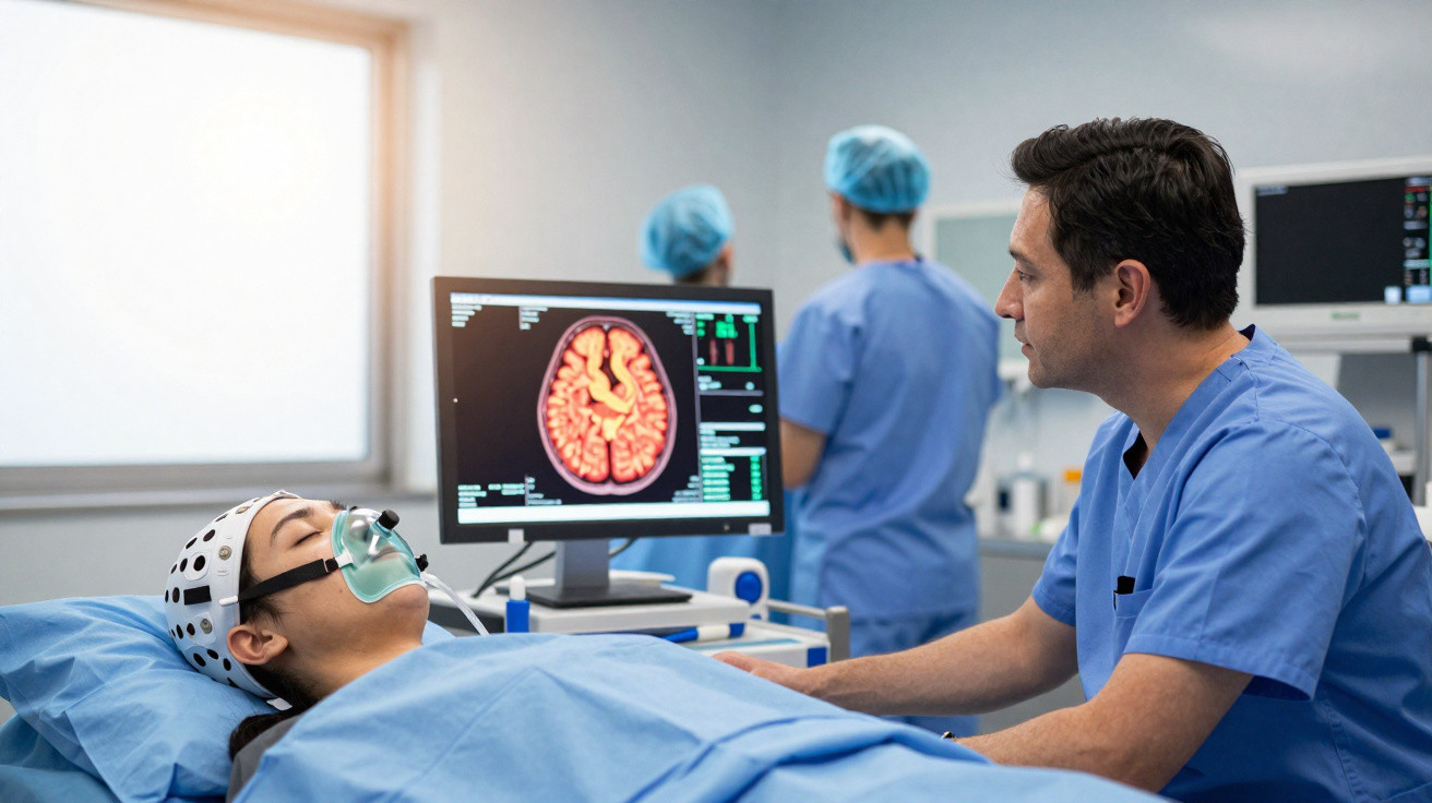 Paciente em coma com capacete de monitorização cerebral e máscara de oxigénio, acompanhado por médico num hospital.