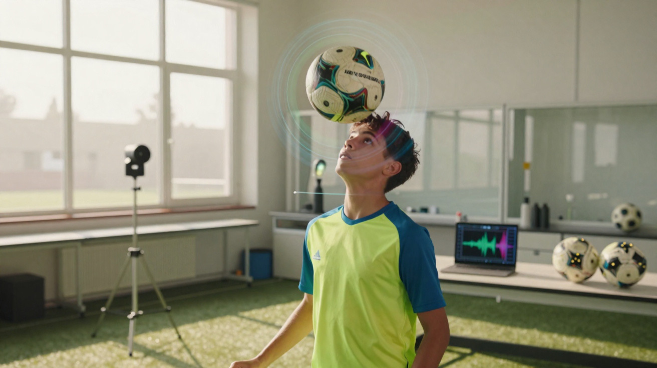 Jovem a treinar domínio de bola com a cabeça numa sala de treino desportivo iluminada.