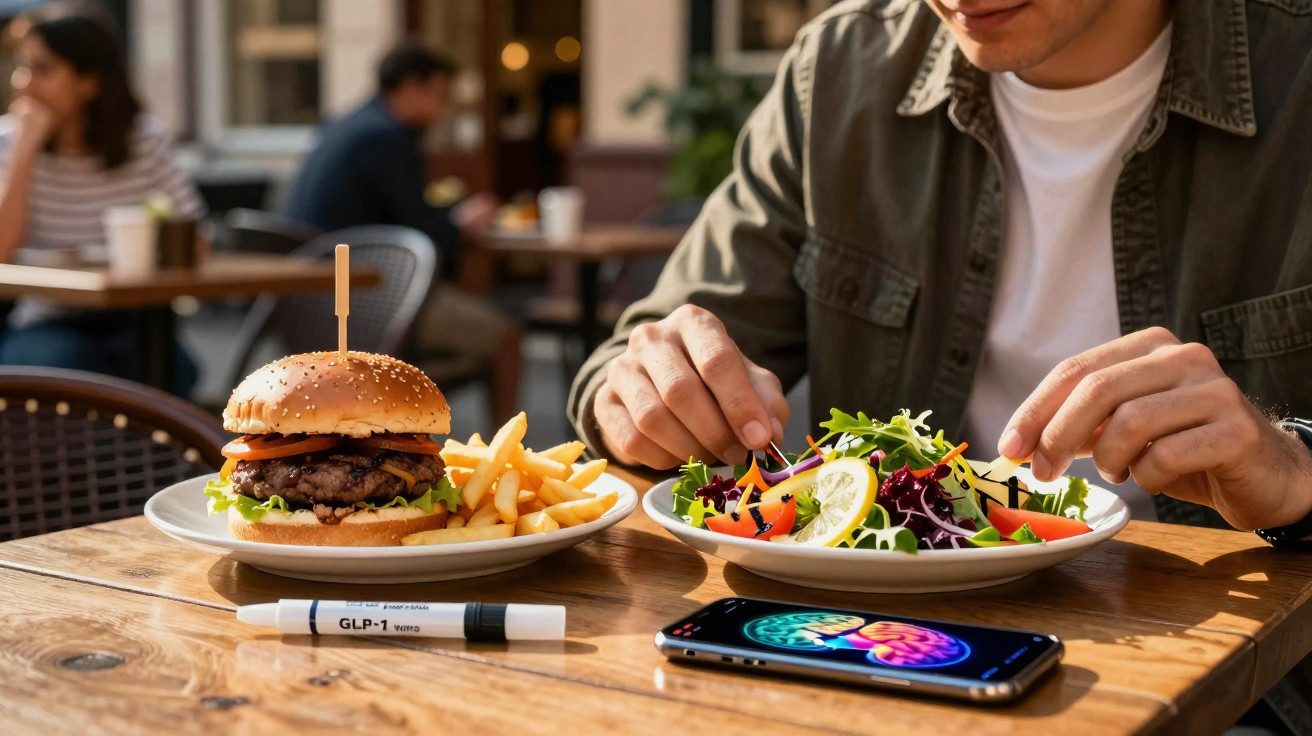 Pessoa a comer salada com hambúrguer, batatas fritas e smartphone numa mesa de madeira ao ar livre.