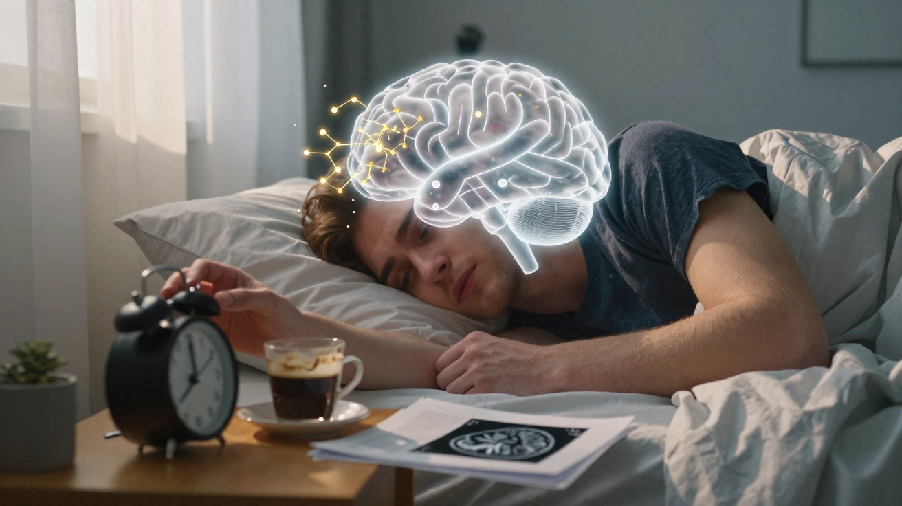Homem deitado na cama com ilustração digital de cérebro sobre a cabeça, relógio e café na mesa ao lado.