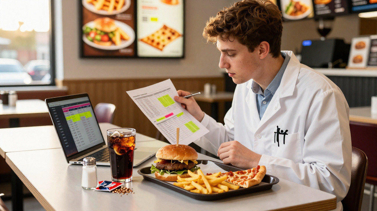 Homem de avental branco analisa gráficos em papel sentado à mesa com hambúrguer, batatas, pizza e refrigerante.