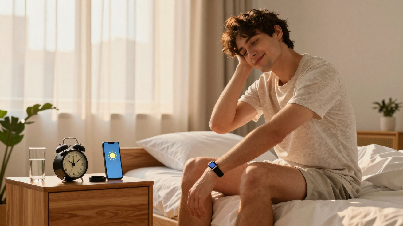 Homem jovem sentado na cama a acordar numa manhã ensolarada, com relógio e telemóvel na mesa de cabeceira.