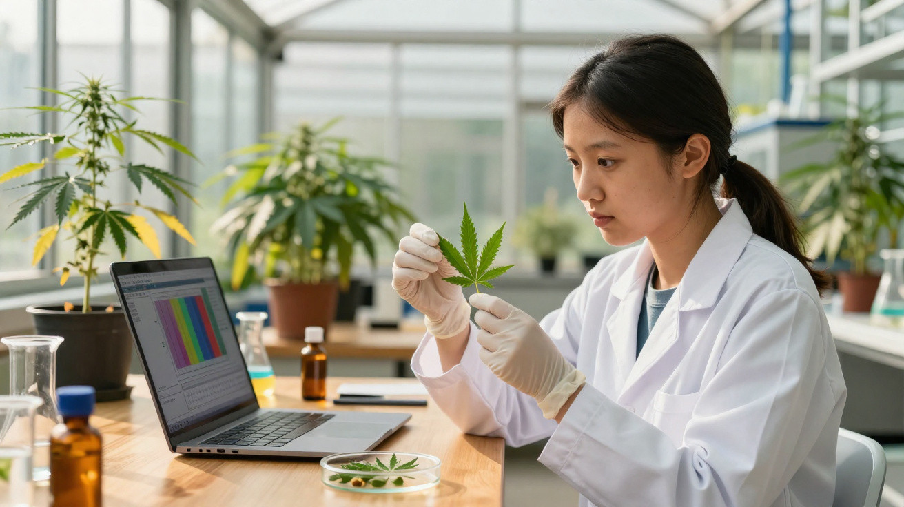 Cientista em laboratório a analisar folha de planta de cannabis com luvas, computador e instrumentos de pesquisa à mesa.