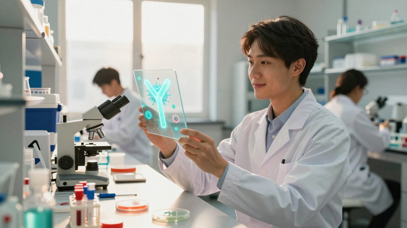 Cientista em laboratório a analisar imagem digital de anticorpos e vírus com microscópio ao lado.