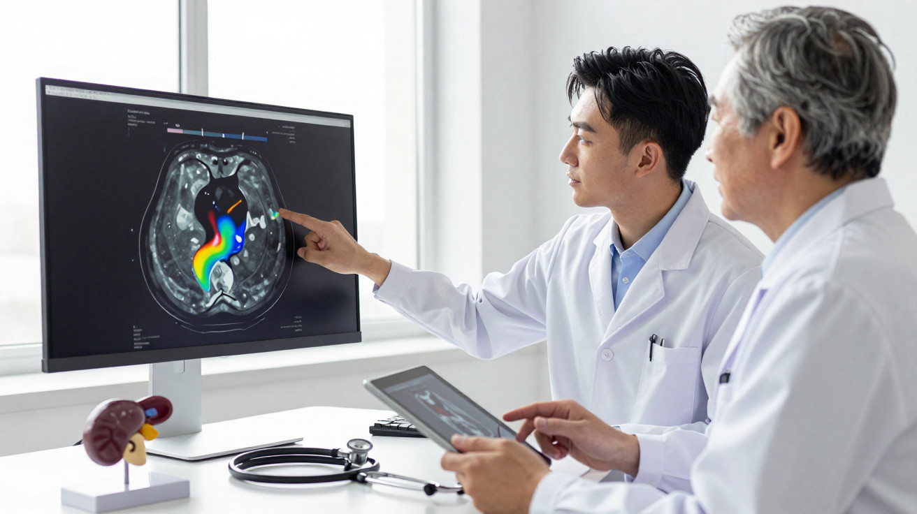 Dois médicos analisam uma imagem médica colorida num ecrã de computador numa sala clínica iluminada pela luz natural.