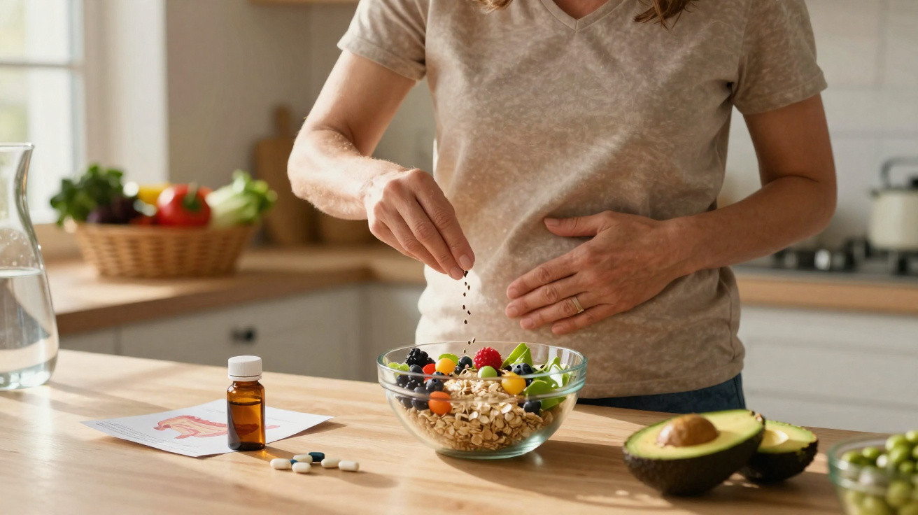 Pessoa grávida a preparar uma tigela de frutos e cereais na cozinha com suplementos e abacate ao lado.
