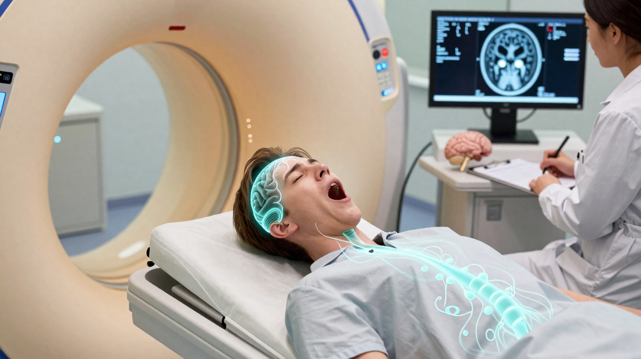 Homem a fazer exame de ressonância magnética cerebral com médico a analisar imagens no computador.