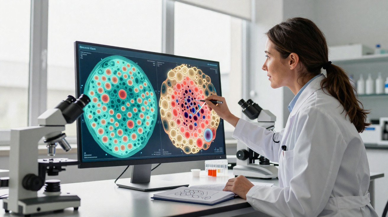 Cientista a analisar imagens digitais de células cancerígenas no ecrã de um computador num laboratório.