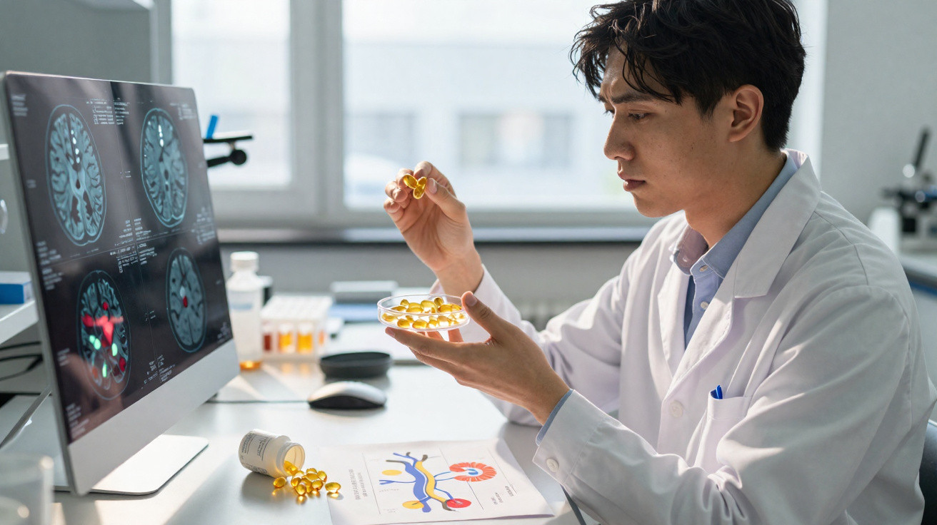 Cientista analisa cápsulas amarelas com imagens cerebrais no ecrã num laboratório moderno.