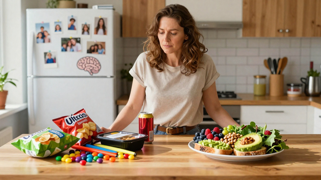 Mulher hesitante na cozinha diante de mesa com escolhas de snack saudável e junk food.