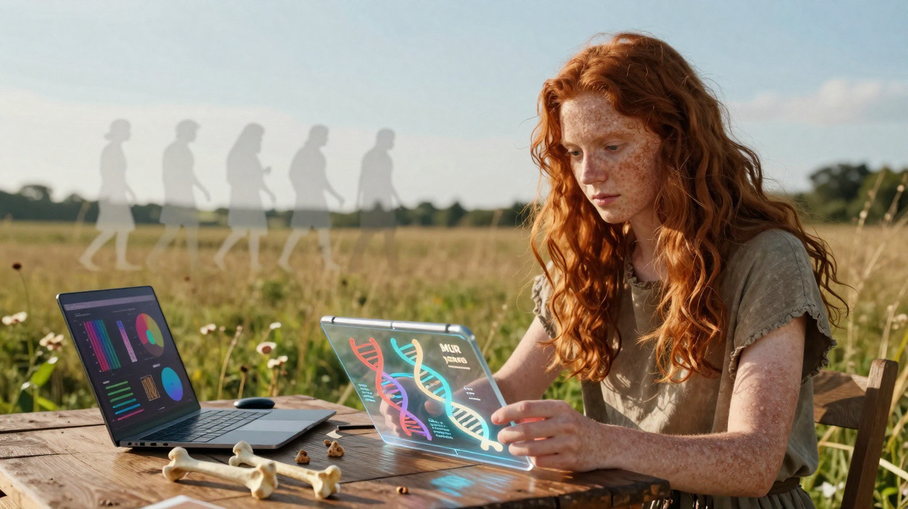 Jovem com cabelo ruivo analisa dados genéticos em dispositivo holográfico ao ar livre, com laptop e ossos na mesa.