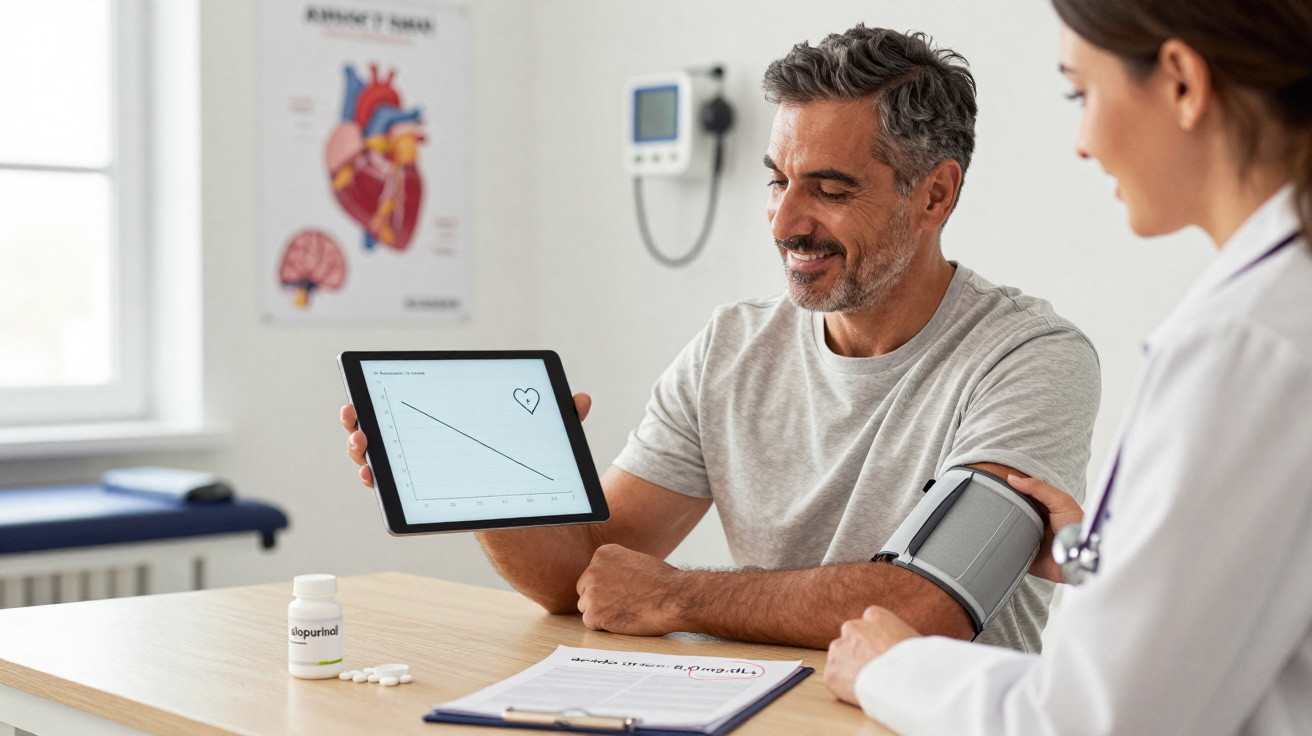 Homem sentado em consulta médica, com medidor de pressão e tablet a mostrar gráfico de saúde.