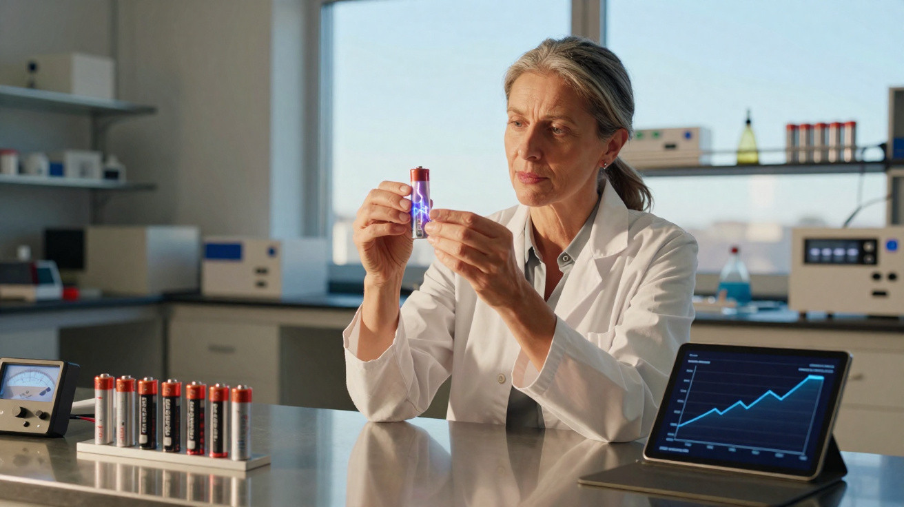 Cientista mulher com bata branca analisa bateria numa bancada de laboratório com gráfico no tablet.