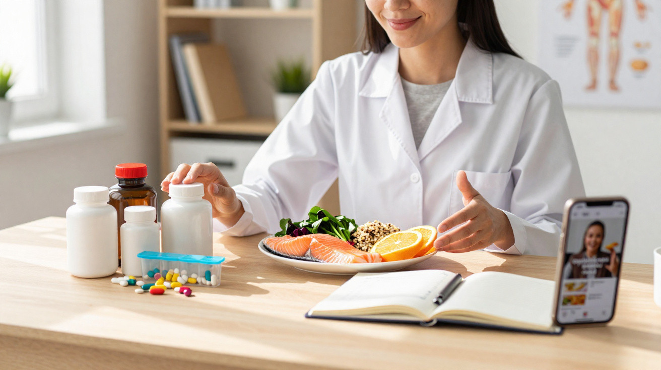Nutricionista com tablet e alimentos saudáveis como salmão, frutas e suplementes numa mesa de madeira.