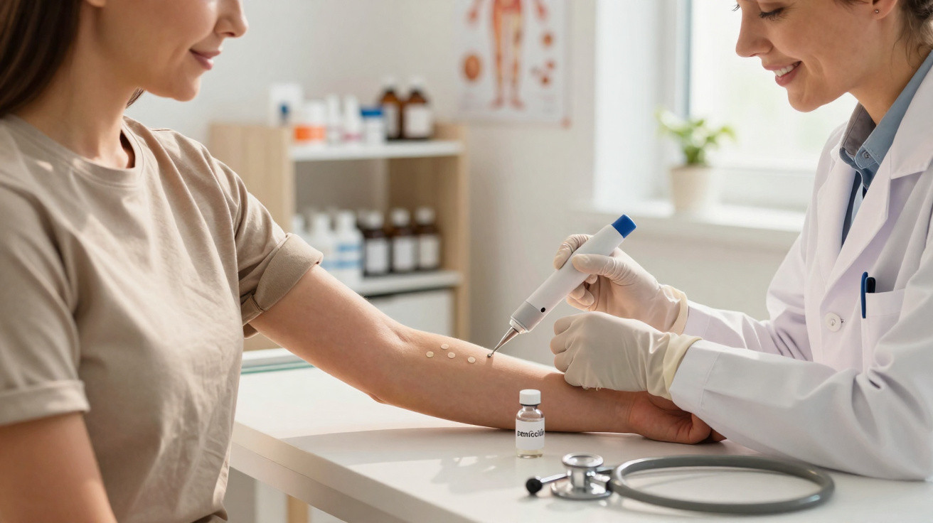 Médica a realizar teste alérgico no braço de paciente numa consulta num consultório.