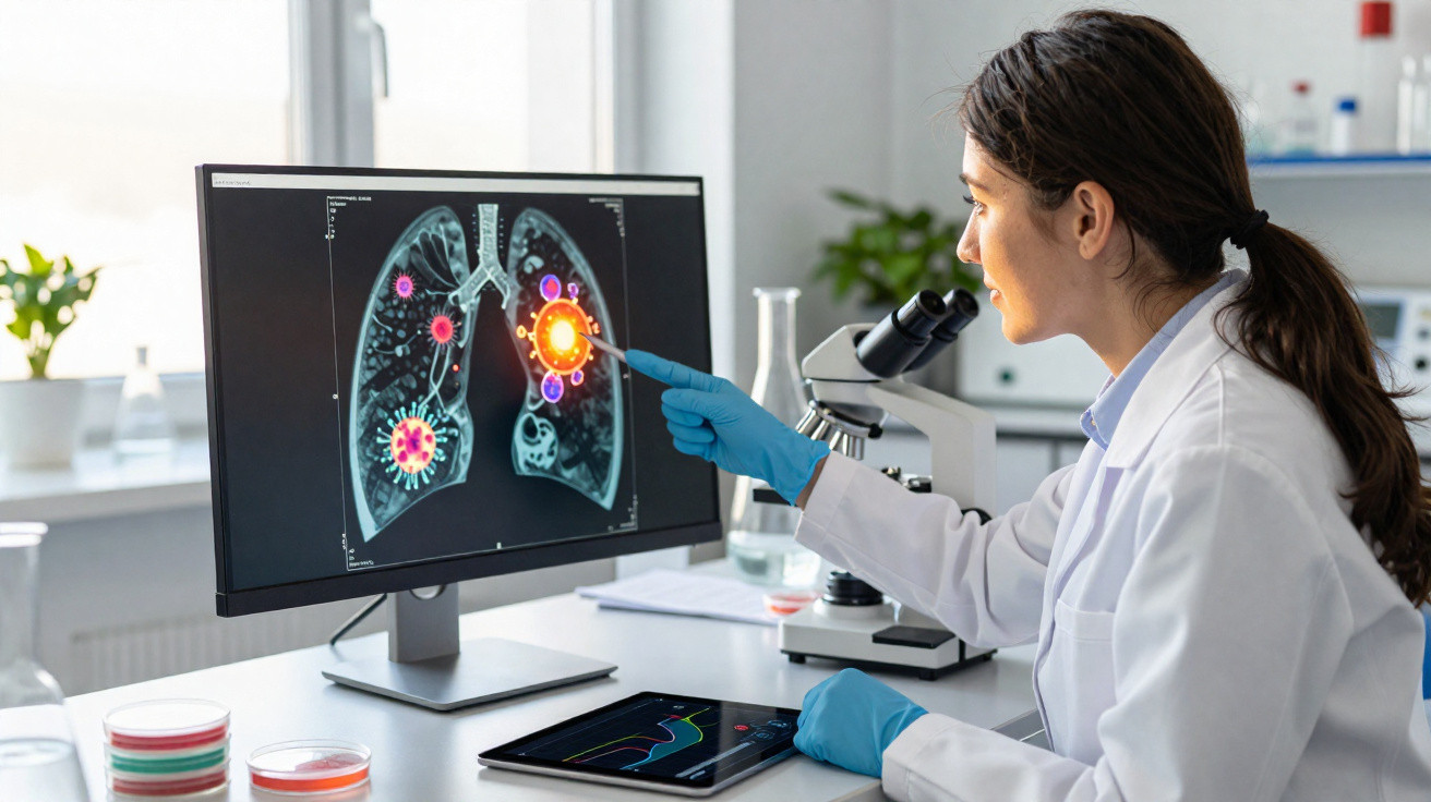 Cientista analisa imagem digital dos pulmões com vírus e inflamações em ecrã no laboratório.