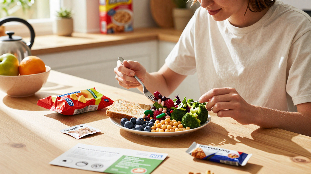 Pessoa sentada à mesa a comer salada com legumes, frutas e pão, com snacks e folhetos espalhados.