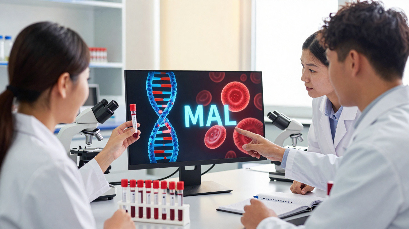 Cientistas analisam amostras de sangue e monitor mostram DNA com palavra “MAL” em laboratório.
