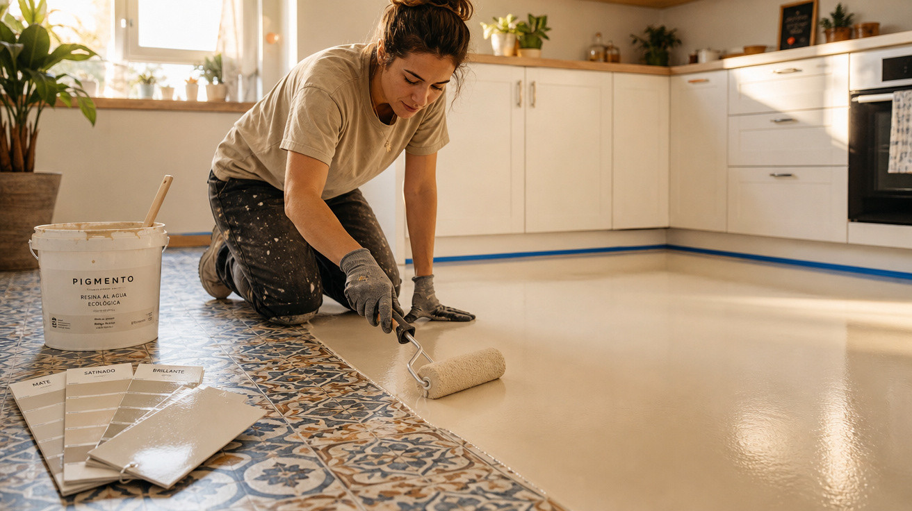 Mulher a aplicar tinta num chão em cozinha moderna com rodapé azul e tábua de cores ao lado.