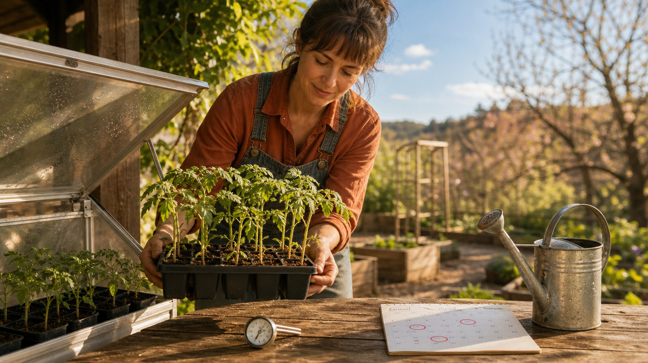Mulher a cuidar de plantas jovens num jardim, com regador e calendário numa mesa de madeira.