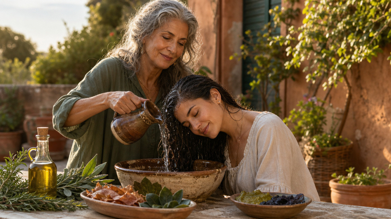 Mulher mais velha a lavar o cabelo de mulher mais jovem ao ar livre, rodeadas de plantas e ingredientes naturais.