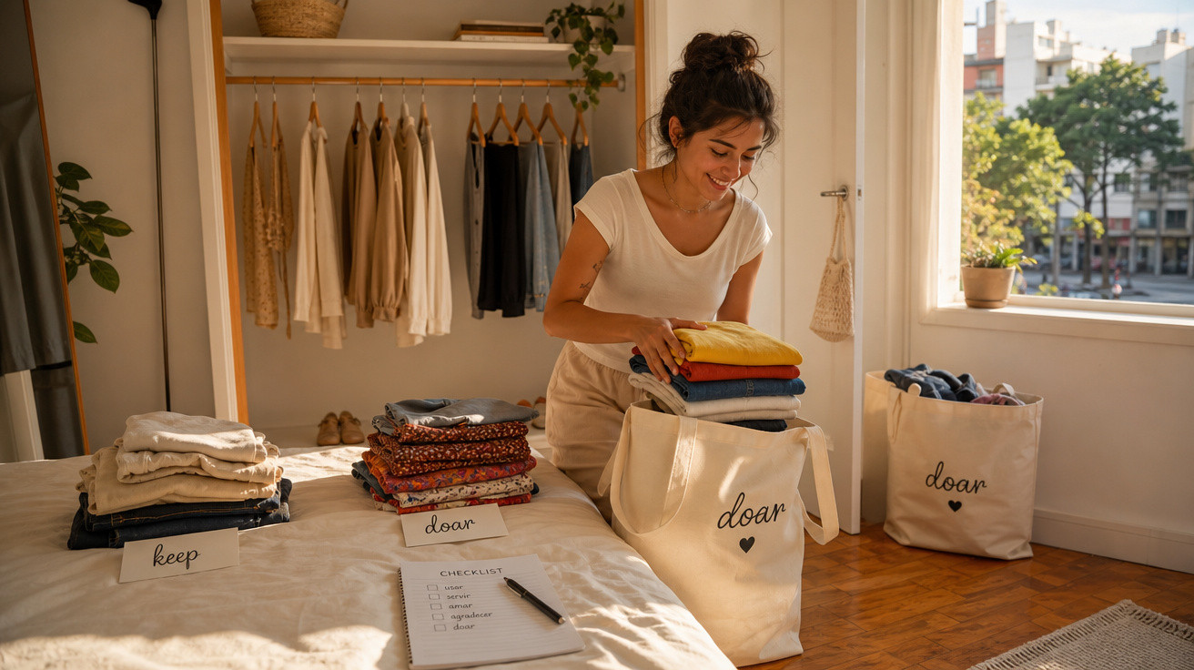 Mulher a organizar roupa para doar, etiquetas "keep" e "doar" em quartos bem iluminados.