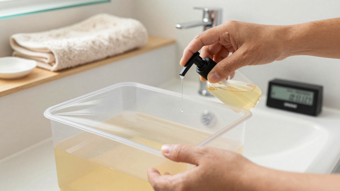 Mãos a usar doseador para colocar líquido num recipiente transparente numa casa de banho com toalha ao fundo.