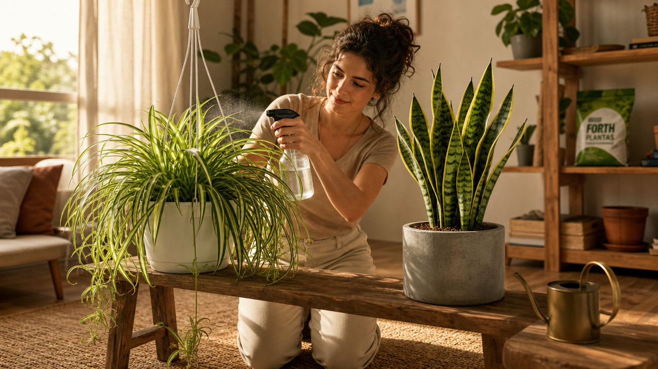 Mulher a regar plantas num ambiente interior com luz natural e decoração acolhedora.