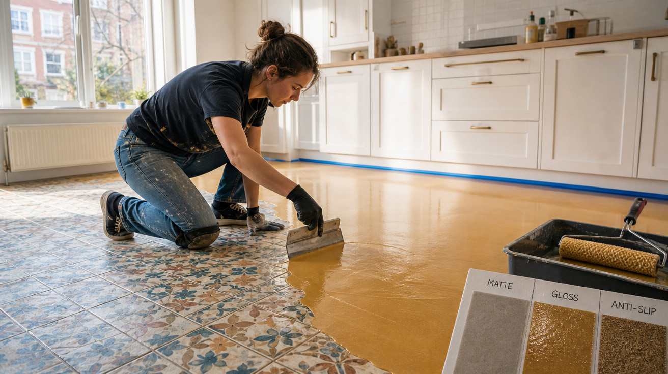 Mulher aplica revestimento impermeabilizante num chão interior em transição de azulejos antigos para superfície lisa.