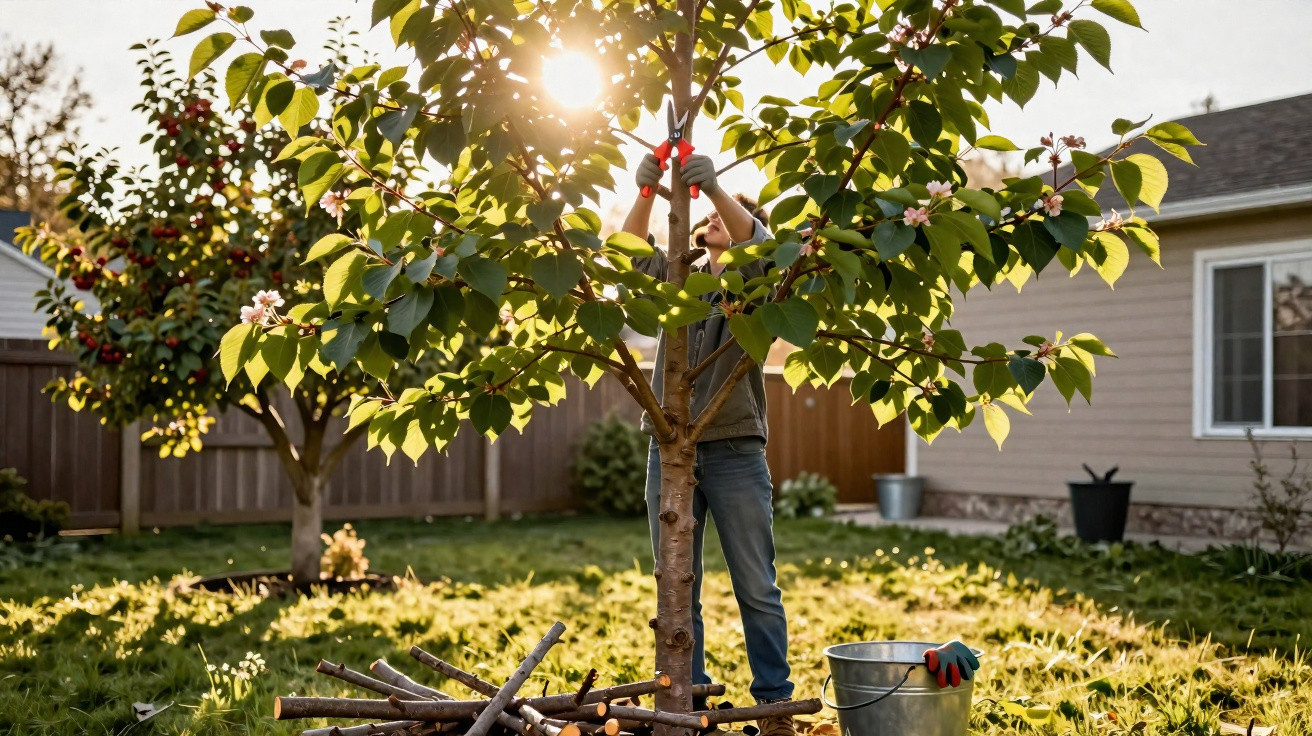 Criança a podar árvore com tesoura de poda num jardim ao entardecer, com balde e troncos no chão.