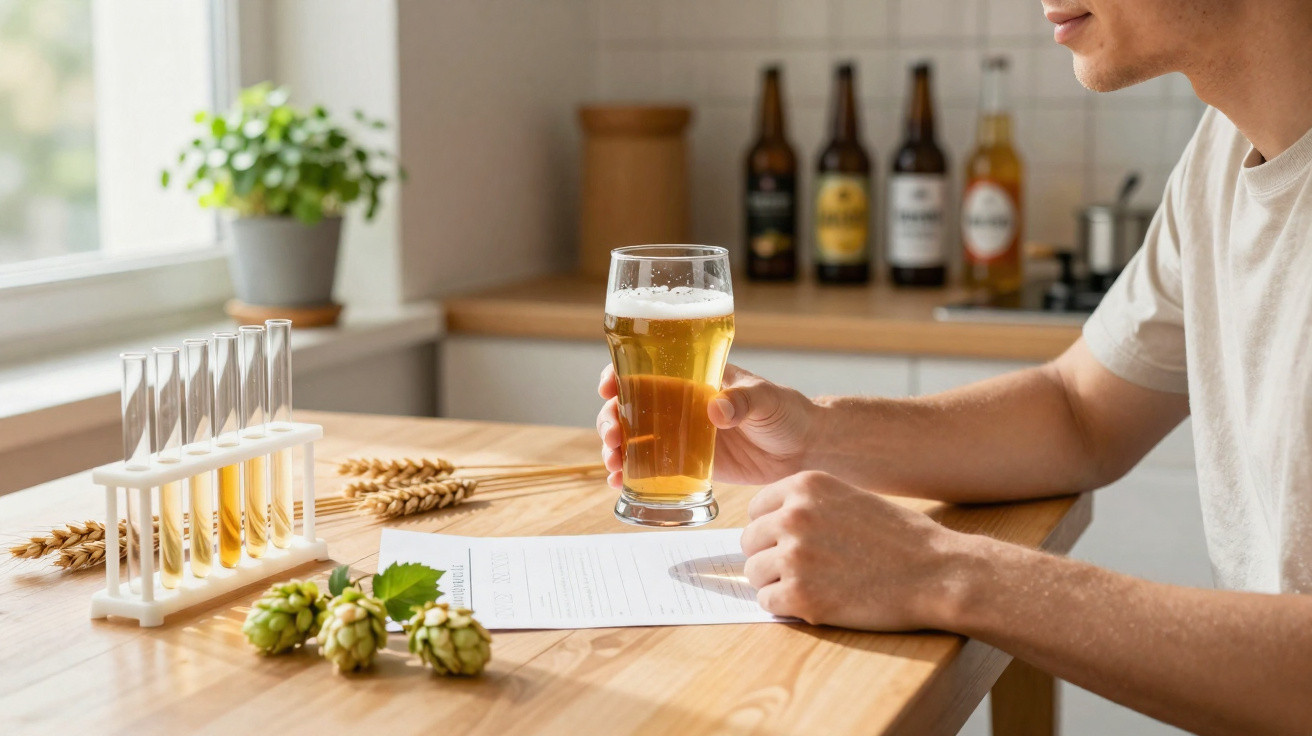Pessoa a segurar copo de cerveja numa mesa com tubos de ensaio, lúpulo e garrafas desfocadas ao fundo.
