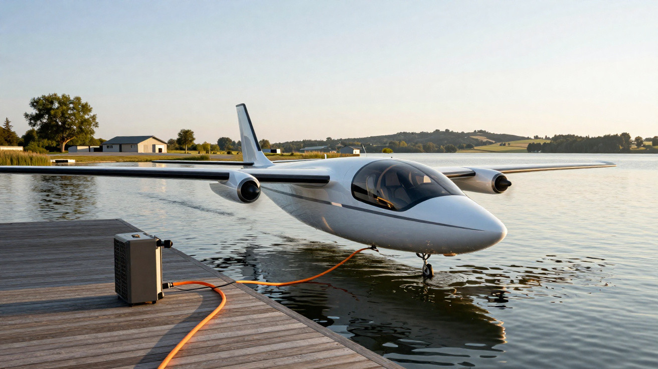 Avião elétrico flutua na água ao lado de um cais com paisagem natural ao fundo ao pôr do sol.