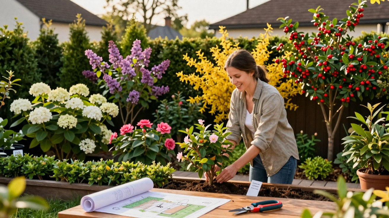 Mulher a cuidar de plantas floridas numa jardinagem num jardim com diversas flores e árvores decorativas.