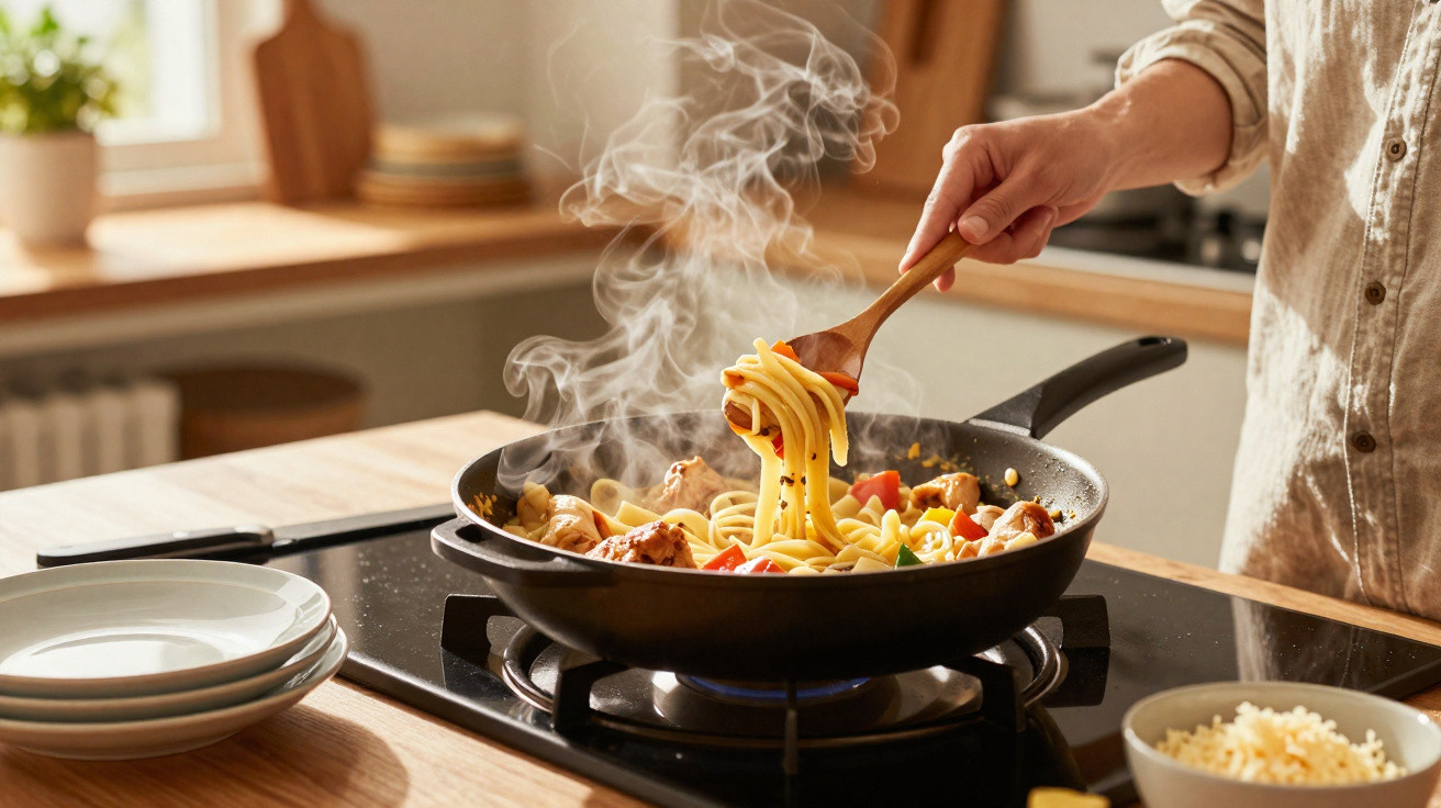 Mão a mexer massa e legumes numa frigideira no fogão a gás, com vapor a sair da comida.