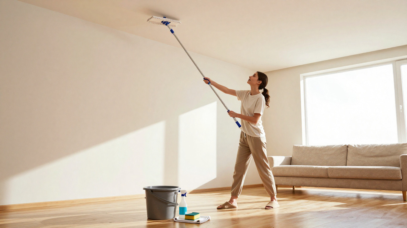 Mulher a limpar o teto de uma sala luminosa com esfregona e balde no chão junto a um sofá bege.