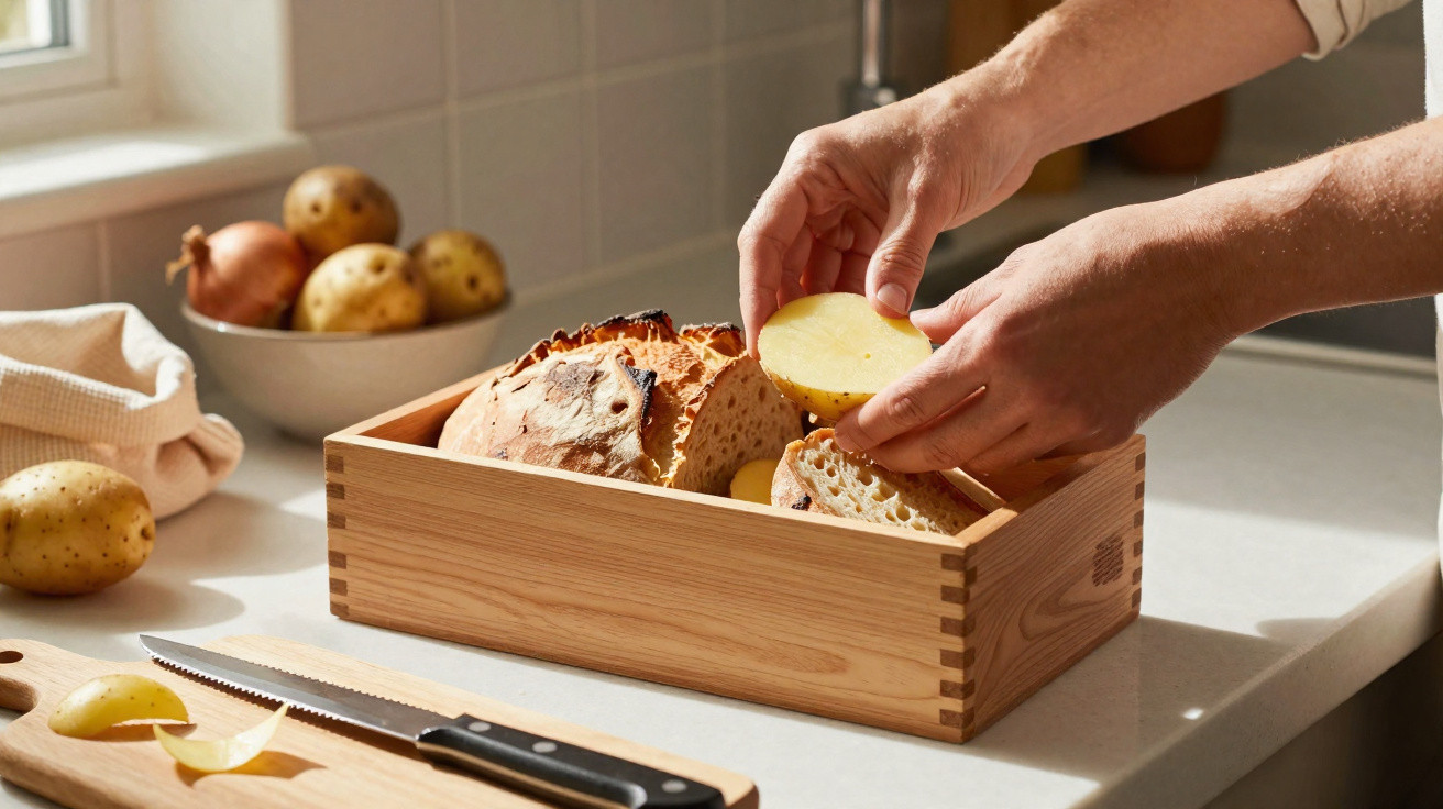 Caixa de madeira com pão e batatas, mãos segurando batata cortada na bancada de cozinha.