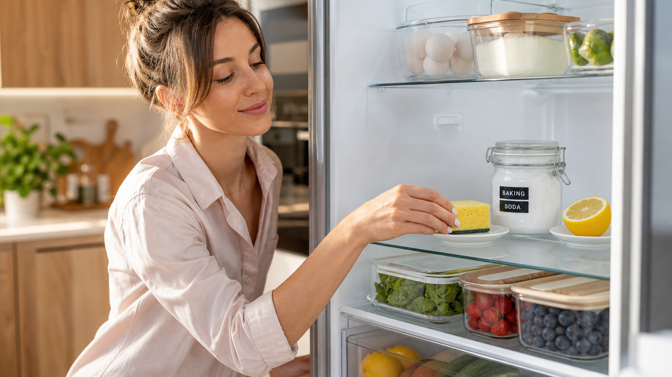 Mulher coloca esponja-amarela dentro do frigorífico organizado na cozinha moderna.