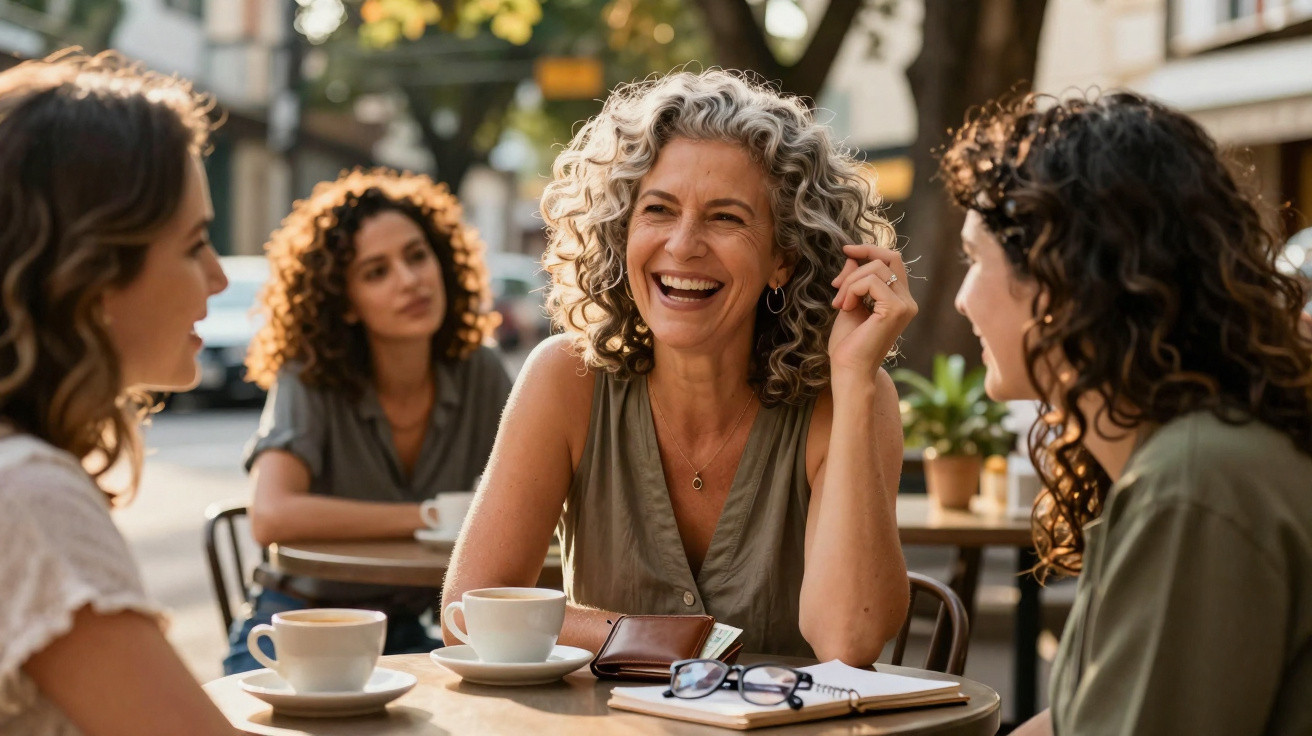 Quatro mulheres a conversar e rir numa esplanada, com chávenas de café sobre a mesa.