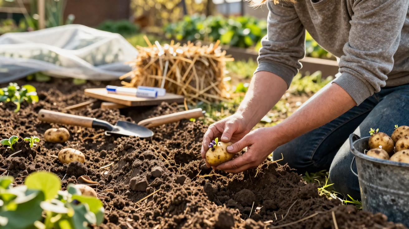 Pessoa a apanhar batatas com brotos numa horta com terra fértil num dia ensolarado.