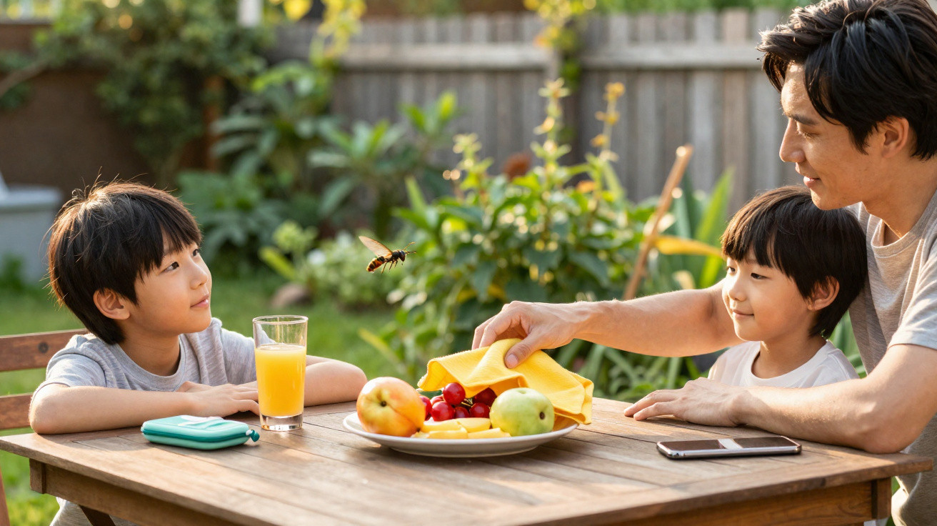 Pai e filhos sentados à mesa no jardim com fruta e sumo, enquanto uma vespa voa perto.