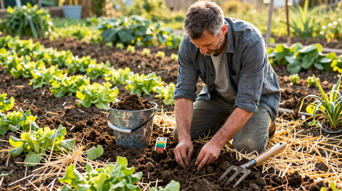 Homem a plantar sementes numa horta com terra fofa, rodeado de vegetais verdes e utensílios de jardim.