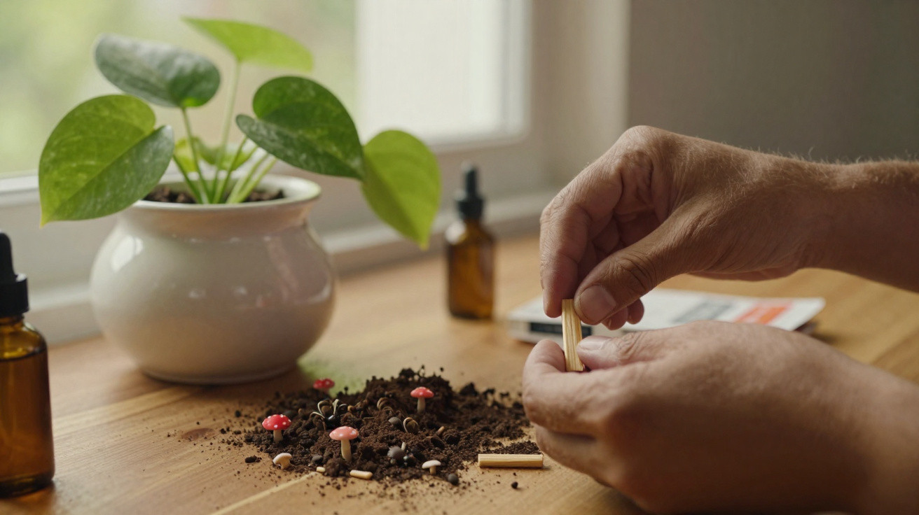 Mãos a preparar tubos pequenos perto de terra com cogumelos coloridos numa mesa com planta e frascos.