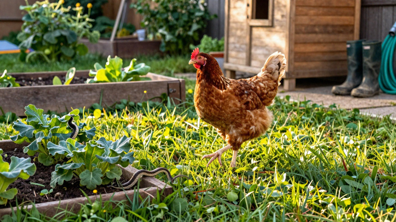 Galinha castanha a caminhar num jardim com canteiros e plantas verdes, com casota e botas ao fundo.
